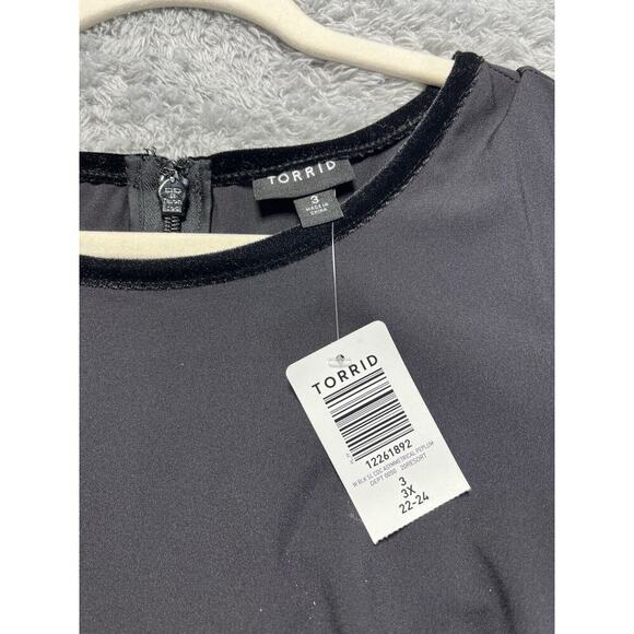 NWT TORRID Women’s 3X Black Crepe Velvet Trim Asymmetrical Peplum Sleeveless Top - Picture 3 of 10